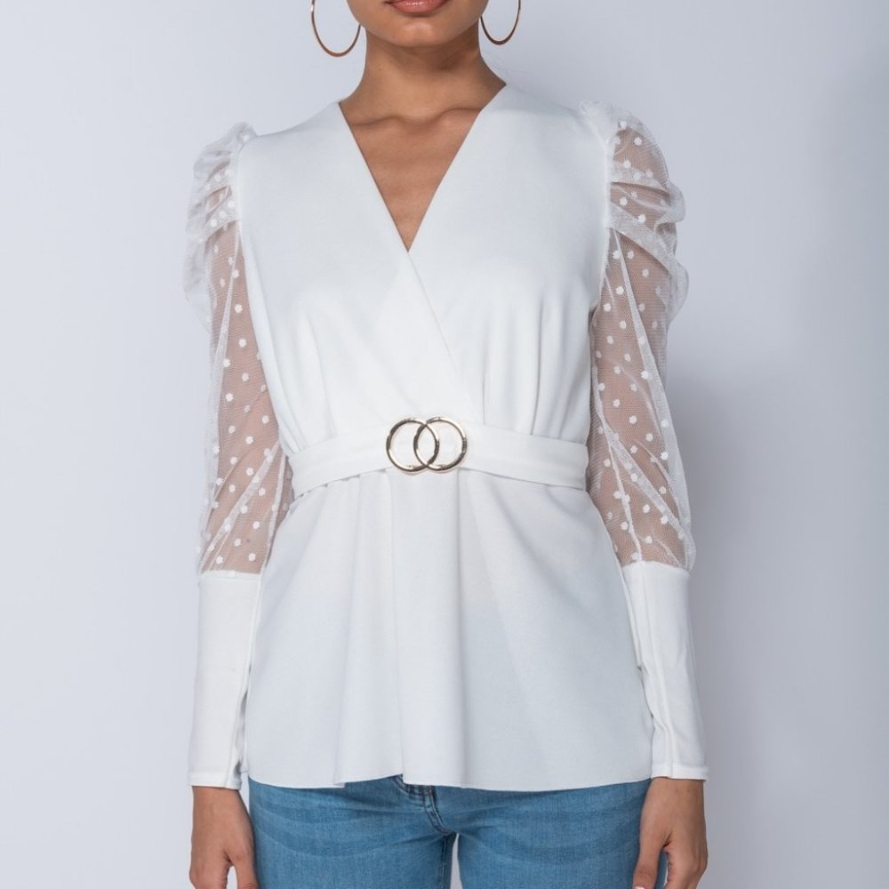 White Long Polka Dot Sleeve V-Neck Belted Blouse - Picture 3 of 7